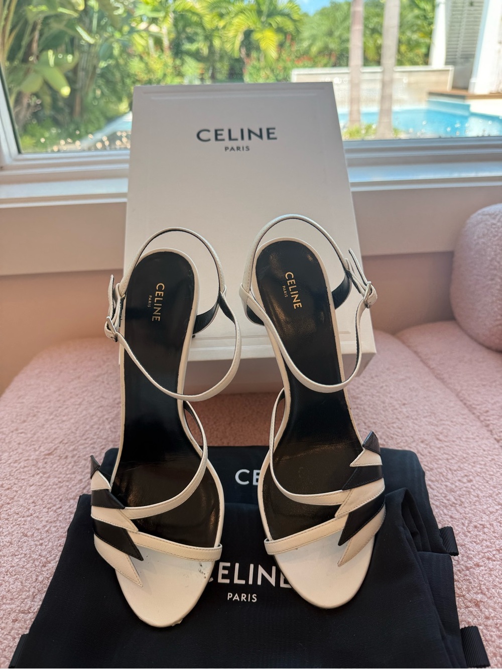 Celine Black and White Strappy Leather Ankle-Heel Sandals